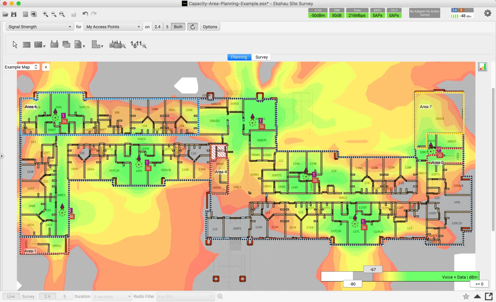 Ekahau Site Survey showing a signal-strength heatmap across a floor plan, with capacity planning areas and access-point positions marked