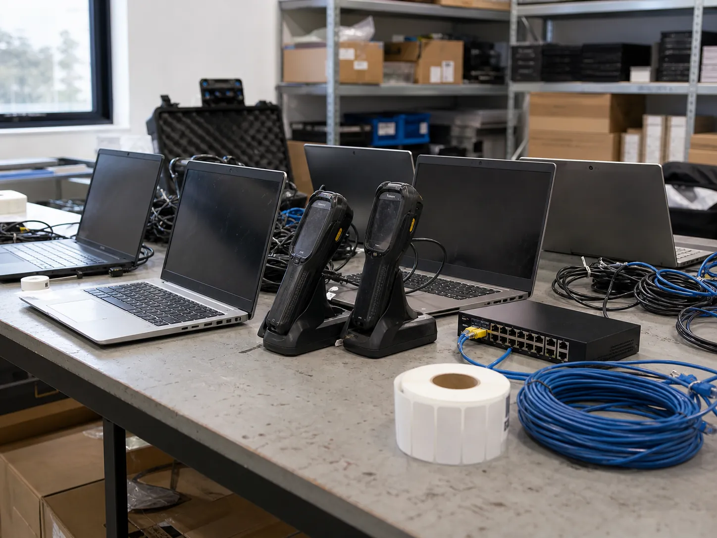 Business laptops and rugged scanners prepared on a hardware staging bench