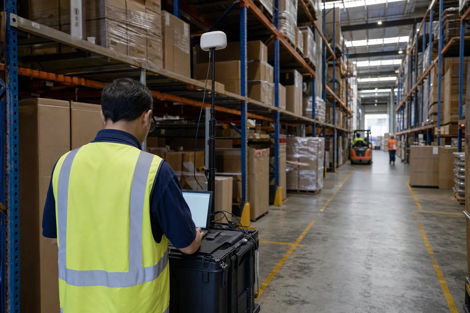 Engineer walking a warehouse aisle with survey equipment, capturing wireless coverage data