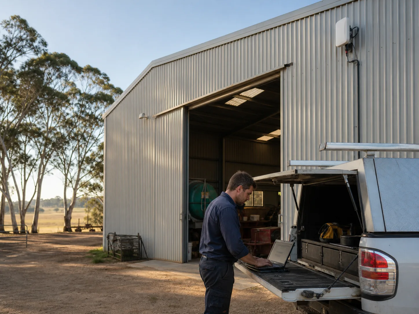 Technician commissioning outdoor Wi-Fi beside an Australian farm workshop