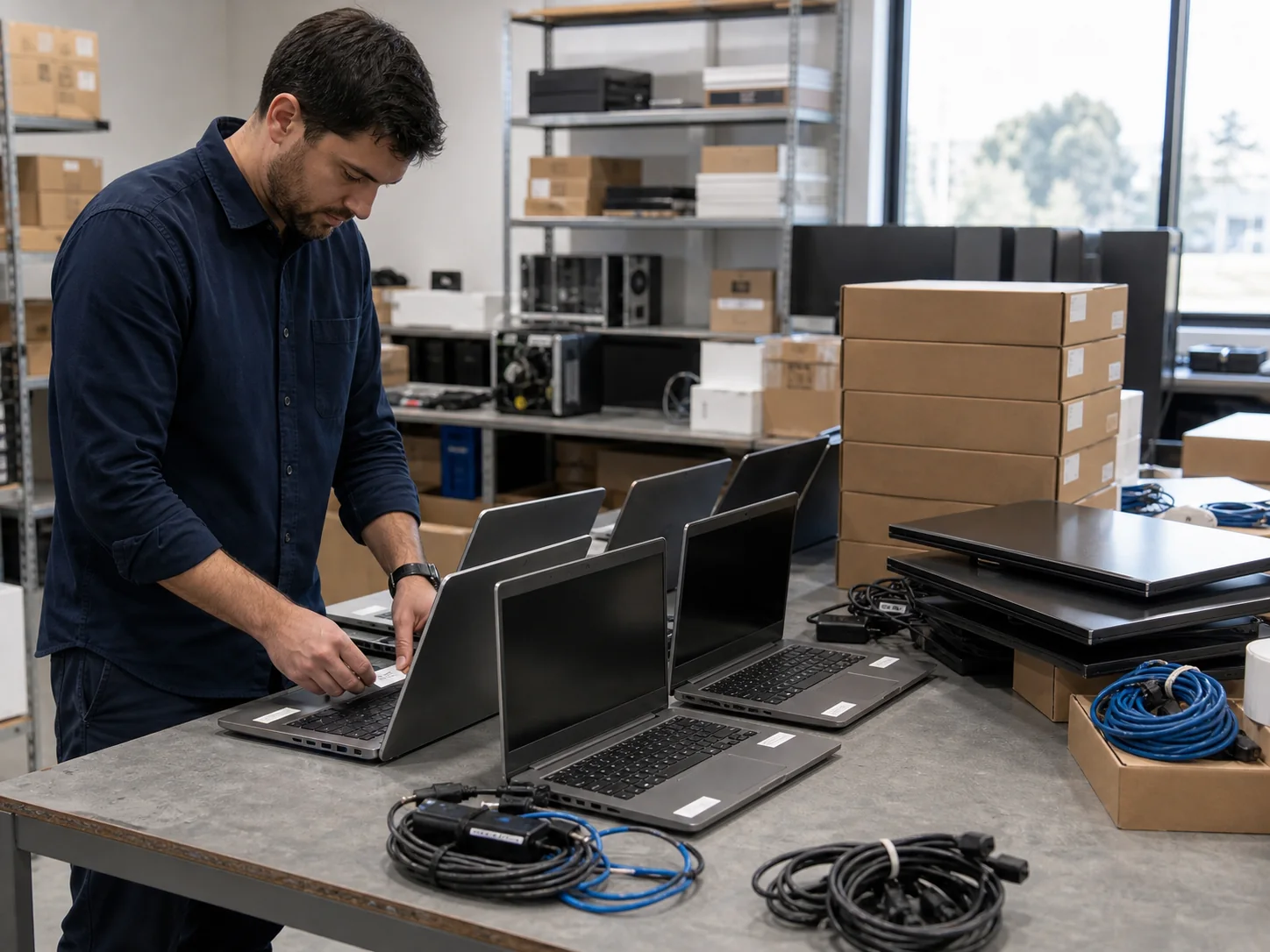 Engineers staging and commissioning equipment during an IT rollout