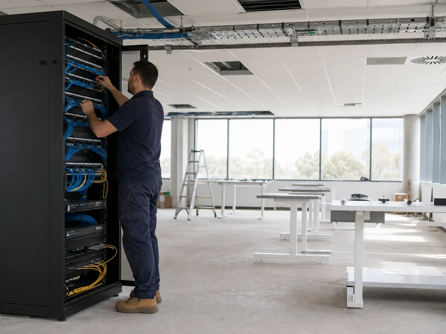 Technician commissioning a communications rack during an office IT fit-out