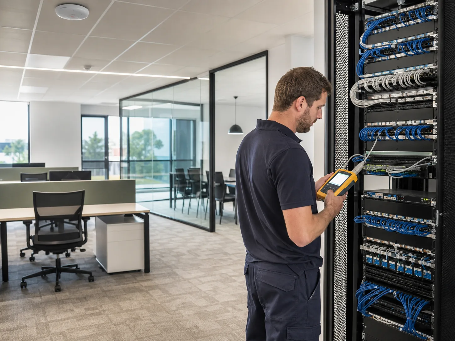 Technician certifying network cabling beside a communications rack in a newly fitted office