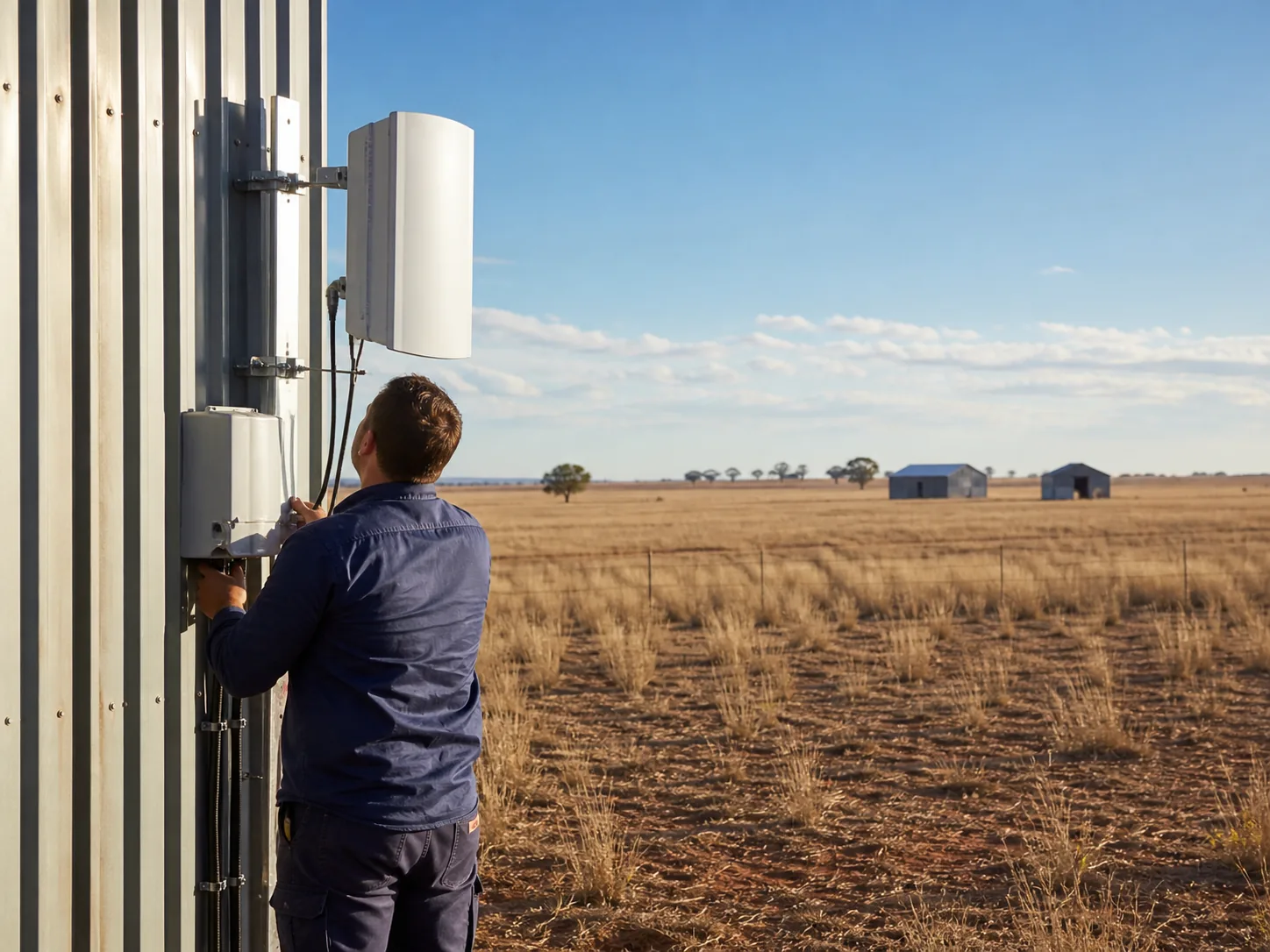 Technician inspecting point-to-multipoint wireless equipment on an Australian farm shed