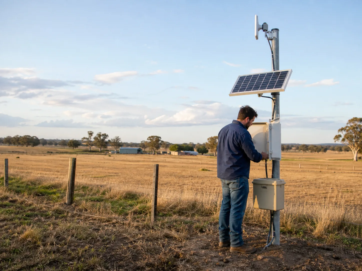 Technician checking a solar-powered wireless network site on an Australian farm