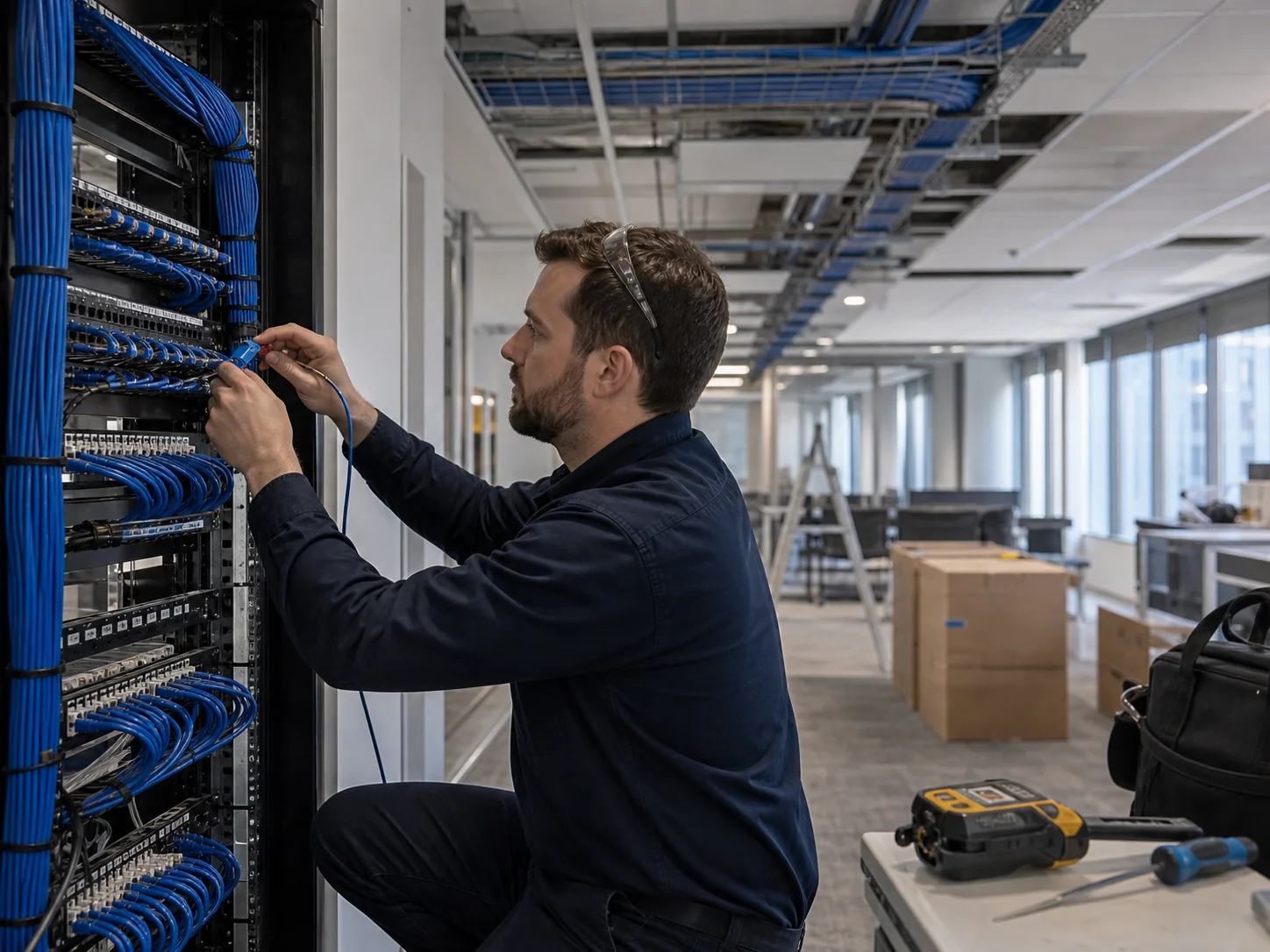 SonarNext engineer patching a warehouse comms rack with a cable certification tester on the bench