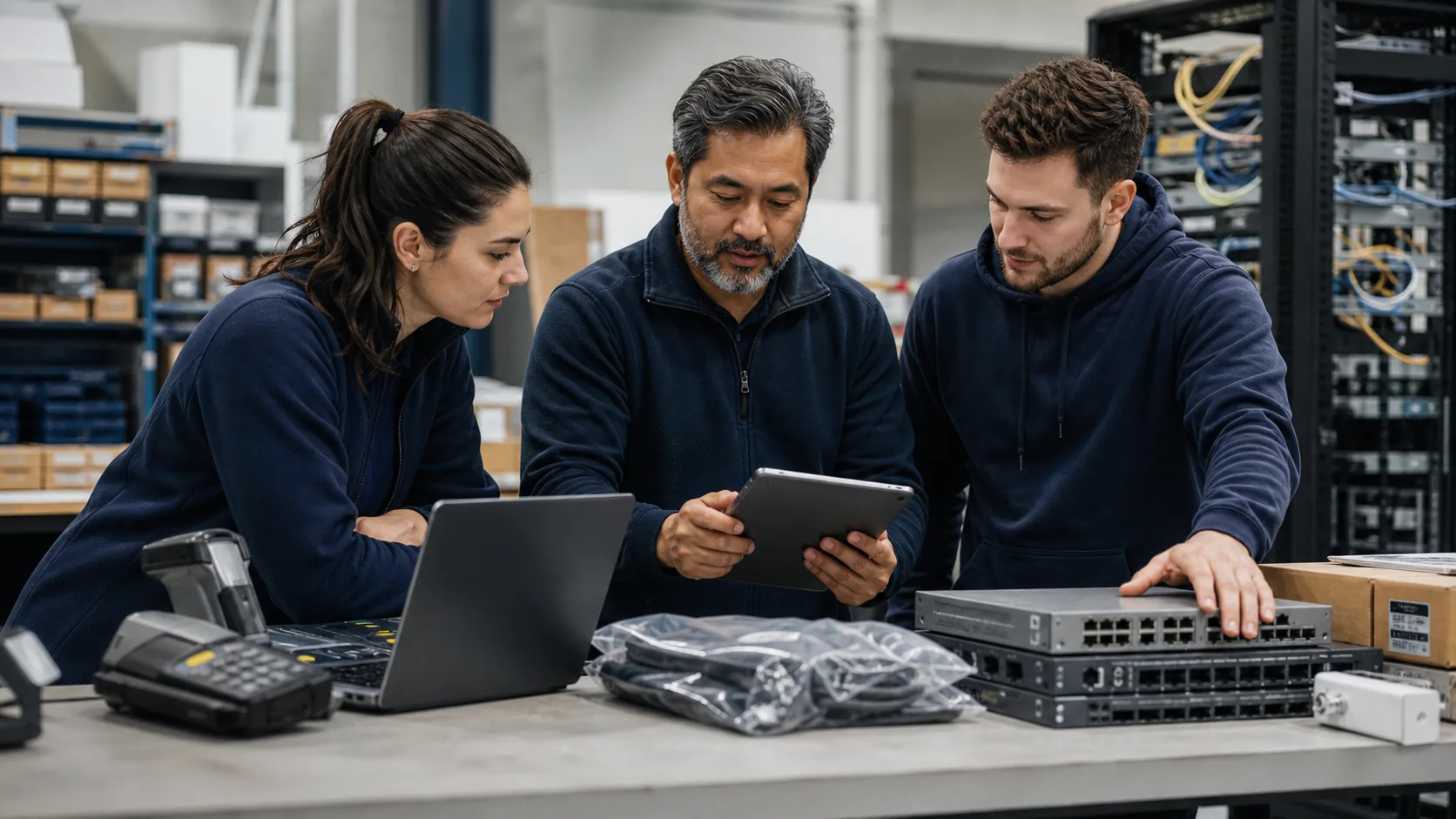 Three engineers staging a tablet, laptop and network switch on a warehouse workbench