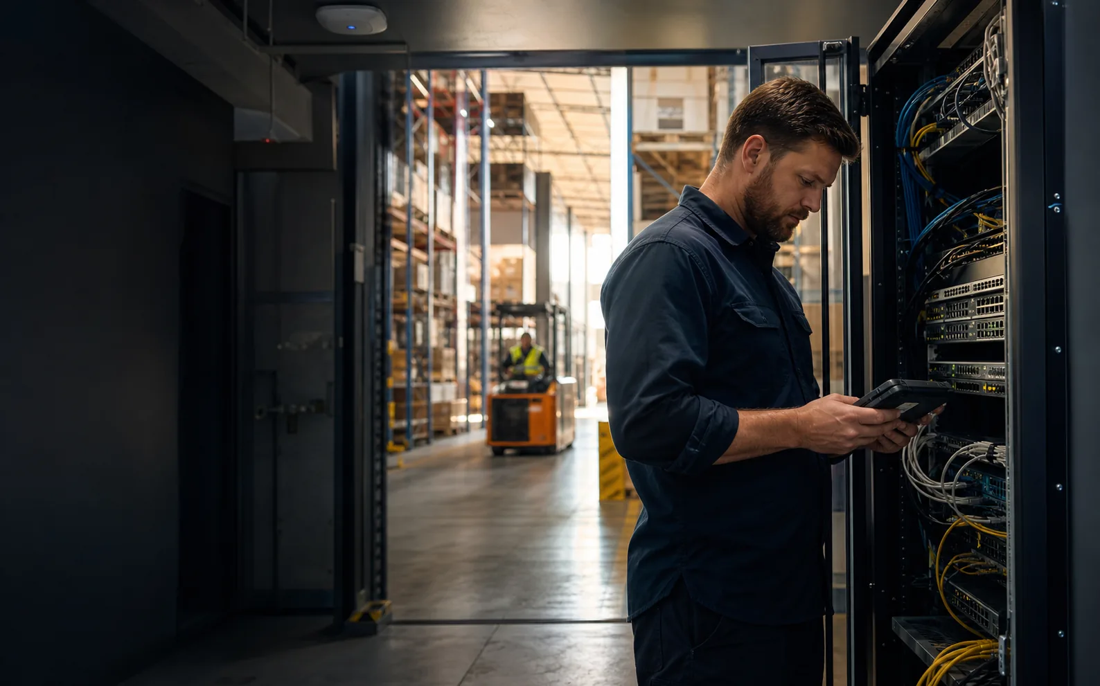 Engineer checking a comms rack with a tablet beside a working warehouse floor