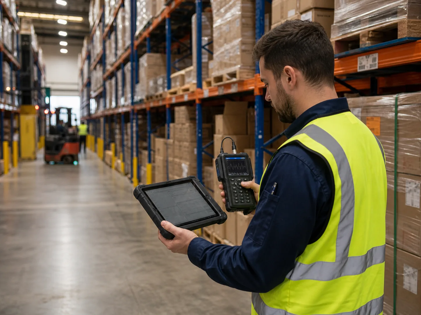 Engineer recording wireless measurements in a working warehouse aisle