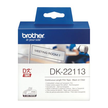 Brother DK-22113 Continuous Film Label Roll – 62 mm × 15.24 m, Black on clear – Brother