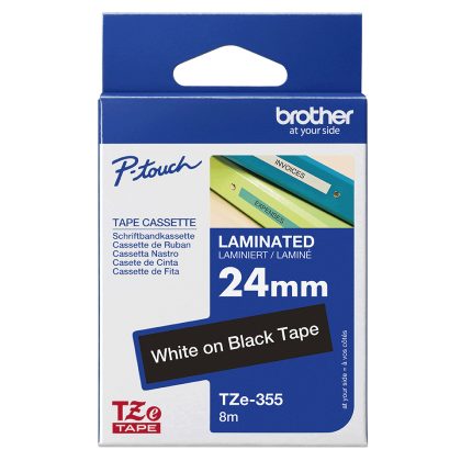 Brother TZe-355 Laminated Label Tape – 24 mm, White on black – Brother